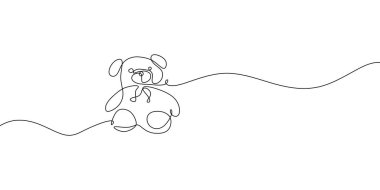 Bear plush toy with a single black line on a white background. One-line drawing. Continuous line. Cute stuffed teddy bear is mascot for little girl. Little teddy bear sitting on the bed.