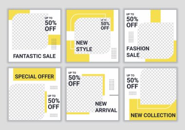 Set of minimalist square banner for social media post design template. Fashion mega sale advertising. Digital banner, poster, digital layout. Sale and discount promo. Vector illustration