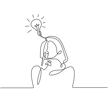 Continuous one drawn line of a woman thinking with light bulb above her head. Allegory of solution and creative search. Minimalism concept of idea and creativity.