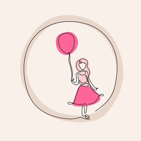 一个穿着粉色衣服和玩粉色气球的小女孩的连续线条画 可爱的小女孩在被白色背景隔离的风中抱着一个挥动的气球 童年概念 — 图库矢量图片