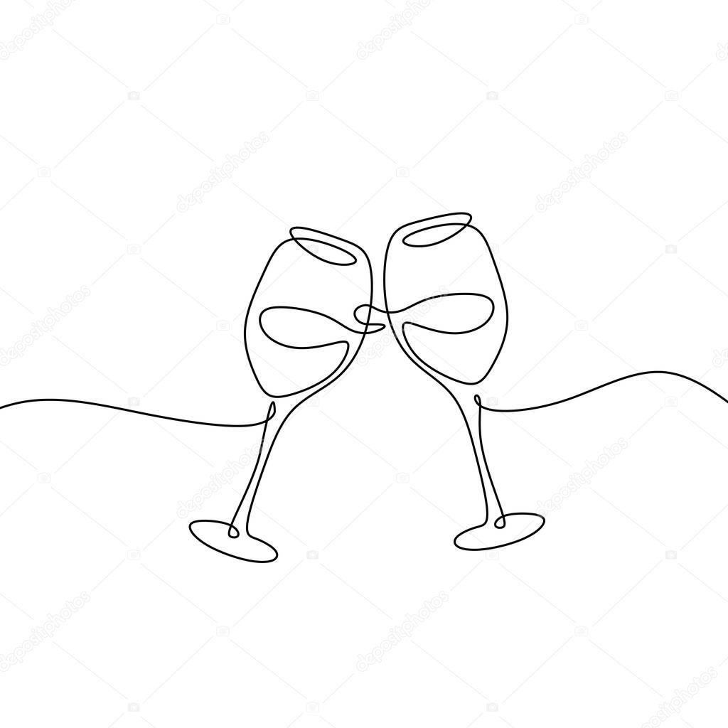 Continuous one line drawing of two wine glasses cheering for celeberation moments isolated on white background.