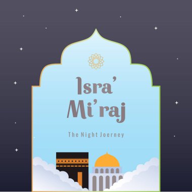 Isra ve mi 'raj İslami illüstrasyon vektör tasarımını selamlıyor. Peygamber Muhammed 'in gece yolculuğu broşürü ya da arka plan şablonu. Tebrik kartları için kullanılabilir. Düz çizgi film biçimi