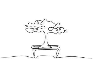 Saksıda dekoratif bonsai ağacı aralıksız bir çizgi çiziyor. Ev dekorasyonu için eski güzel, egzotik bir bonsai ağacı. Beyaz arkaplanda antik saksı bitkisi minimalist tarzı.
