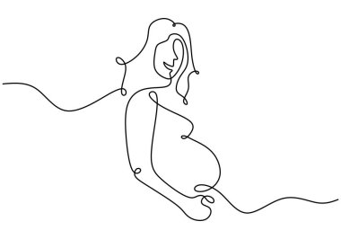 Bir tane sürekli hamile kadın çizimi, bir tane de annemin silüeti. Mutlu genç anne hamile karnını tutuyor. Mutlu Kadın Günleri. Hamileliği olan karakterli kadınlar. Vektör illüstrasyonu