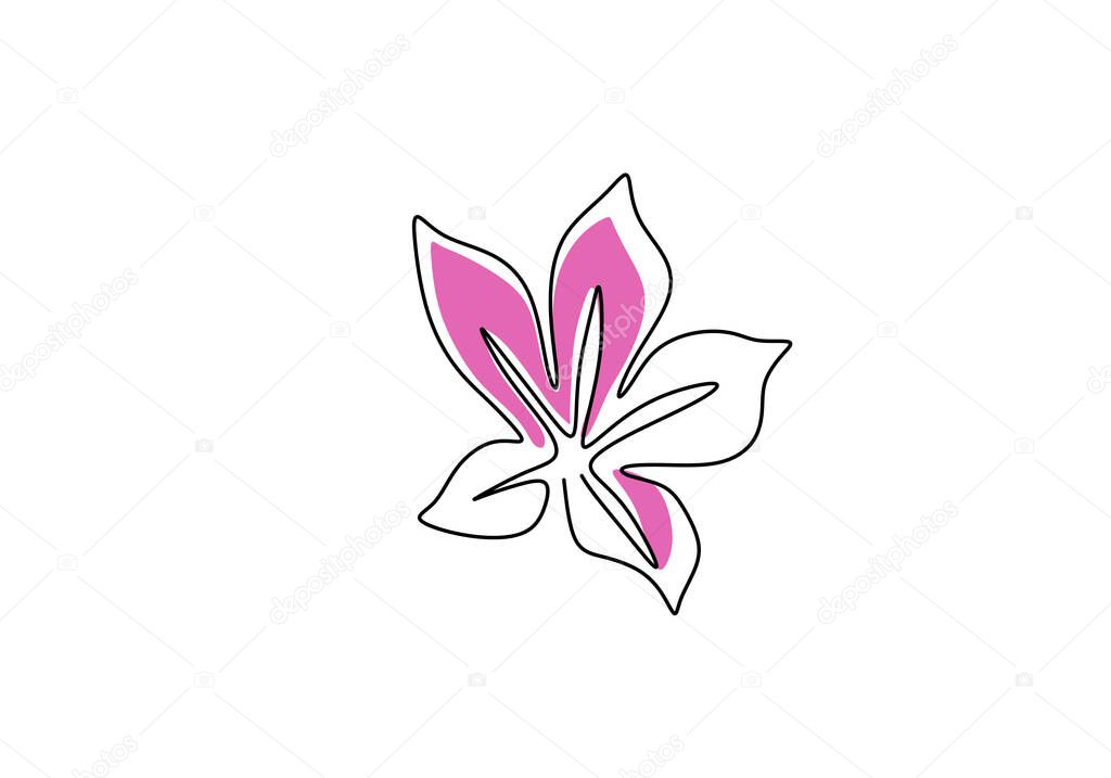 Azalea flowers continuous line drawing. Blossoming flower with pink color isolated on white background. Symbol of spring with botanical flora hand drawn line art minimalism style. Vector illustration