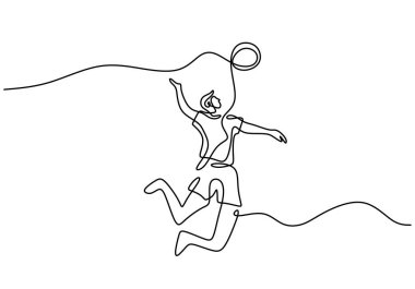 Genç ve enerjik erkek voleybolcunun sahaya sıçrama hareketindeki durmaksızın çizgisi. Profesyonel adam topu atmak için zıplar. Vektör illüstrasyon minimalist tasarımı