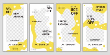 Moda satışı sosyal medya hikayeleri için düzenlenebilir kare pankartlar dizaynı. Sarı ve beyaz renkli arka plan. Büyük satış promosyonu. Vektör reklam indirimi indirimi.