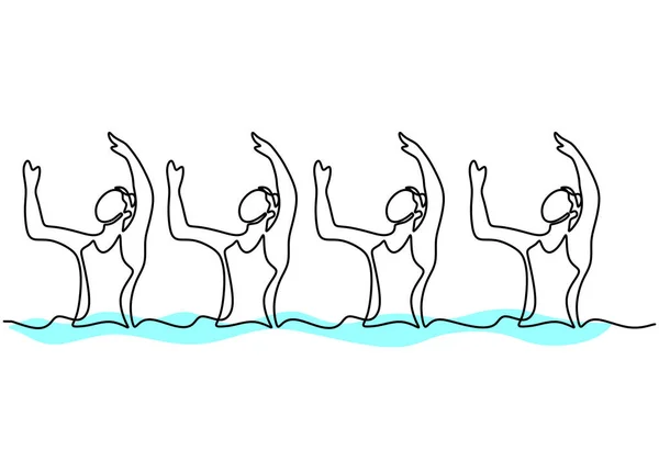 连续线条吸引年轻精力充沛的女性表演优美的同步游泳舞蹈 女游泳队员在水里跳舞 团体水上运动比赛概念 — 图库矢量图片