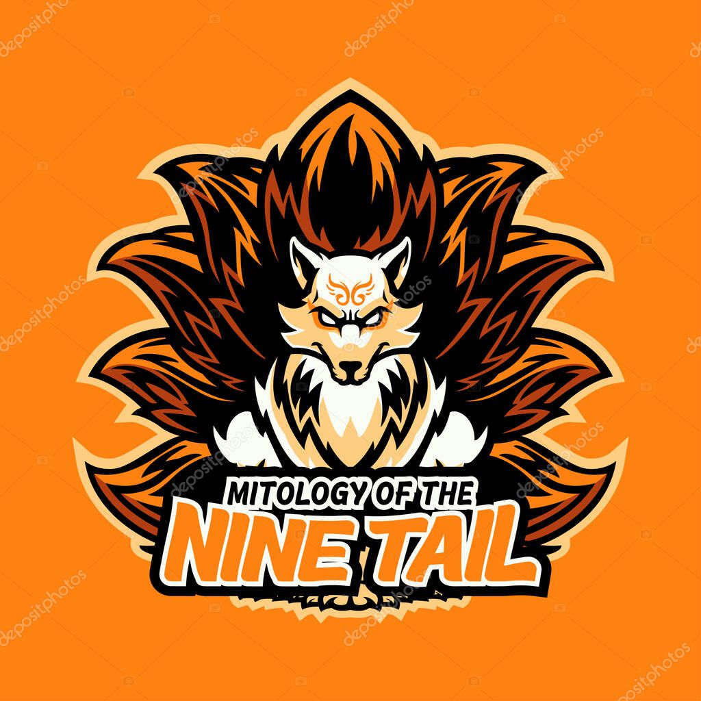 Fox head sports logo mascot design illustration for sport and e-sport or gaming team. Angry wild fox with nine tail mascot Sport wear typography emblem graphic, athletic apparel stamp. Vector