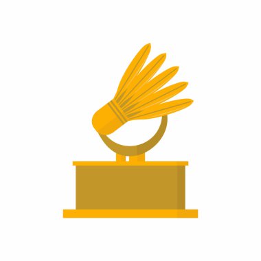 Badminton şampiyonluk kupası çizgi film düz ikonu. Badminton mekik turnuvası logo tasarım illüstrasyon elementi. Ödül ve ödüller için altın spor kupası. Vektör illüstrasyonu