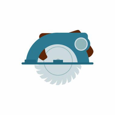 Tamirci aletleri için elektrikli testere çizimi. Düz çizgi film görüntüsü beyaz arkaplanda izole edildi. Profesyonel enstrüman, çalışma aracı. Web tasarımı için benzinli dairesel testere vektör simgesi