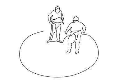 İki genç Japon rikishi erkeğinin aralıksız çizdiği çizgilerden biri de, beyaz arka planda izole edilmiş minimalizm tarzında düzenlenen festival turnuvasında dövüşmek. Geleneksel sumo sporu konsepti. Vektör illüstrasyonu