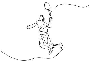 Badminton oynayan adamın durmaksızın çizdiği çizgi. Bir badminton oyuncusu beyaz arka planda izole edilmiş bir raketle oynuyor. Spor turnuvası konsepti minimalist tasarım. Vektör illüstrasyonu