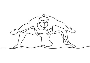 Genç ve şişman Japon sumo adamın tek sıra çizimi beyaz arka planda izole edilmiş arena spor salonunda poz veriyor. Geleneksel festival dövüş sanatı konsepti. Vektör minimalizm tasarımı