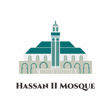 Hassan II Camii Fas vektör düz simgesi. Afrika 'daki en büyük ikinci camidir ve dünyanın en büyük 7. camisidir. Kazablanka, Fas 'a turist ziyareti önerildi.