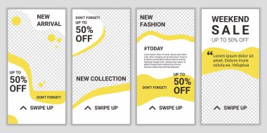 İndirim ve özel teklif için sosyal medya paketi şablonu. Moda montajlanabilir ig hikayeleri tasarım. Vektör çizimi. Sosyal medya hikayeleri, web sayfası, cep telefonu için tasarım satışı afişi