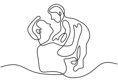 Sürekli çizilen mutlu bir genç baba çizimi bir bebeği eliyle fırlatıyor. Bir baba gülüyor ve bebeğiyle oynuyor. Beyaz arka planda izole edilmiş mutlu aile kavramı