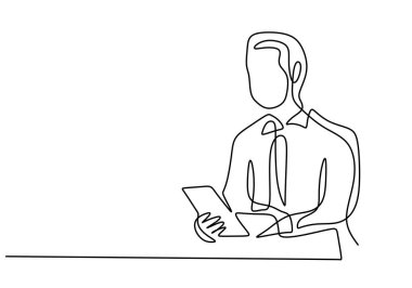 Beyaz arka planda izole edilmiş bir klasör ya da akıllı telefon tableti taşırken sürekli takım elbise ve maske giyen genç iş adamlarının çizimleri. Gadget konsepti. Vektör illüstrasyonu