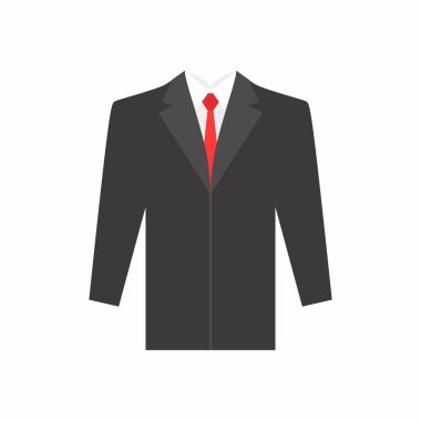 Takım elbise ve kravat beyaz arka planda izole edilmiş. Düz çizgi film tasarımı siyah takım elbise ve mezuniyet öğrencisi veya iş adamı konsepti ve web uygulamaları tasarımı için kravat ikonu. Vektör illüstrasyonu