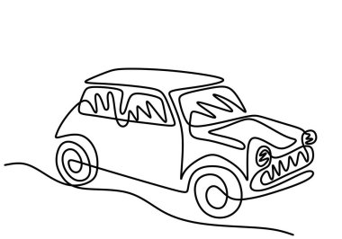 Klasik BWM Mini Cooper Spor Araba 'nın kesintisiz bir çizimi. Tozlu yolda eski bir yarış arabası sürüyor. Klasik ulaşım aracı konsepti. Minimalist çizim el tasarımı illüstrasyonuName