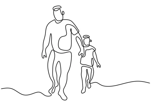 父は息子を連続1行の絵を一緒に歩いて保持します 幸せな小さな子供は家でパパと時間を過ごす 家族の時間概念の手線画 ベクトルミニマルデザイン — ストックベクタ
