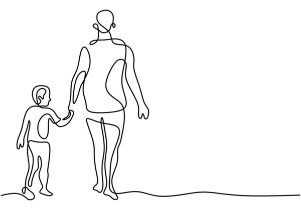 Padre Sosteniendo Hijo Caminando Juntos Dibujando Una Línea Continua Feliz — Vector de stock