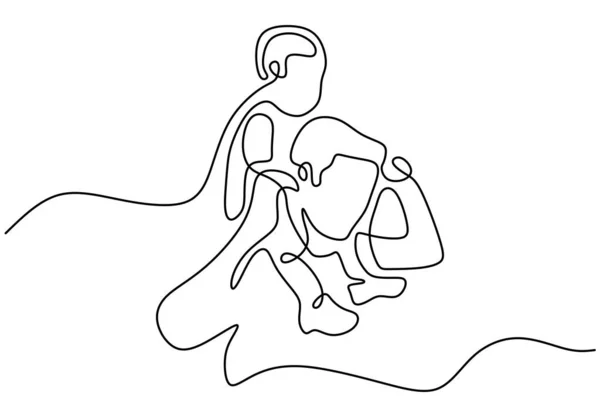パパの連続した一本の線画が子供を肩に乗せている 父親と遊んでいる幸せな小さな子供は白い背景に隔離されています キャラクターパパと彼の子供のミニマリズムデザイン — ストックベクタ