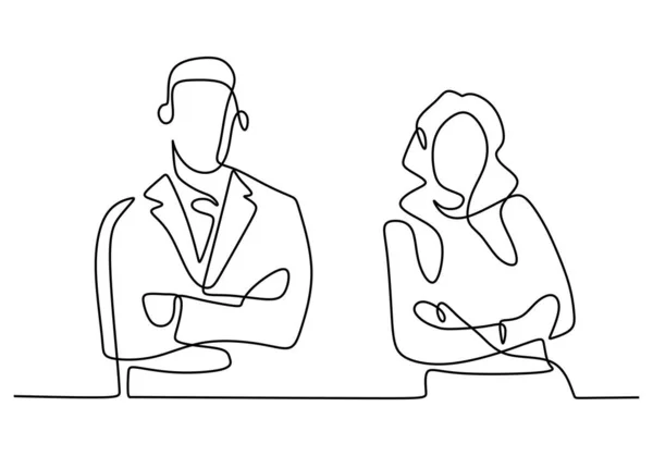 Continuous Line Drawing Two Business People Standing Pose Arms Crossed — Stock Vector