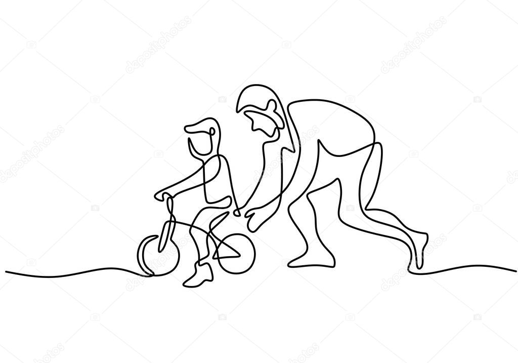 Continuous one single line drawing of young father help his son learning to ride a bicycle in the field together. Happy parenting concept. Character dad teach his son riding bicycle