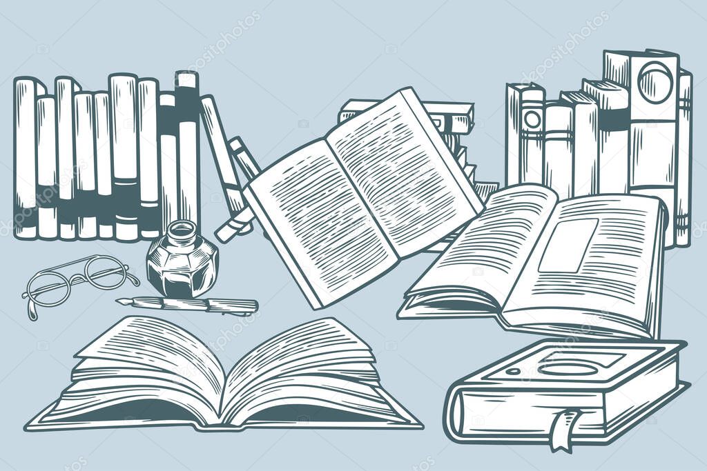 Set of hand drawn books in doodle style vector illustration. Doodle cartoon scene about reading and learning. Education concept. Various books, eyeglasses and writing tools in vintage style.