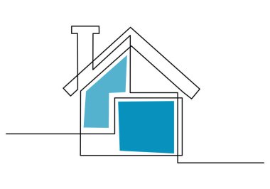 Sürekli bacalı bir ev çizimi. Ev mimarisi, beyaz arka planda izole edilmiş minimalizm kavramı. Köy evi. Emlak minimalist tasarımı. Vektör illüstrasyonu