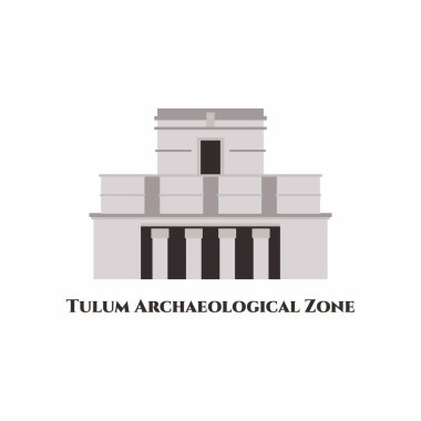 Tulum Arkeolojik Bölgesi. Meksika 'nın Karayipler kıyısında bir tatil köyü. Turistik yerlerden biri. Harabeler ve çevreleyen deniz çok güzel. Bu görkemli Maya şehri. Çizgi film düz vektörü