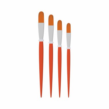 Filbert boya fırçası koleksiyonu. Çizgi film tarzında çeşitli boyutlarda resim ve çizim için bir fırça. Düz vektör simgesinde beyaz arkaplanda izole edilmiş ahşap fırça boya aracı