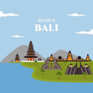 Endonezya, Bali 'ye hoş geldiniz. Turist gezisi için çok güzel bir manzarası var. Bali seyahat afişleri çizgi film karakterinde izole edilmiş düz vektör çizimlerini görüyor