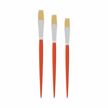 Açılı boya fırçası seti, düz tasarım sanat simgeleri. Beyaz arkaplanda izole edilmiş çizim araçları için kahverengi fırça. Boya malzemesi elemanı. Çizgi film tarzında vektör çizim aracı