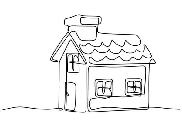Jeden Ciągły Liniowy Rysunek Prosty Dom Komin Dom Rodzinny Minimalistyczny — Wektor stockowy