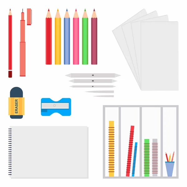 Stationery Set Flat Style Drawing Tools Pencil Eraser Drawing Paper — Stock Vector