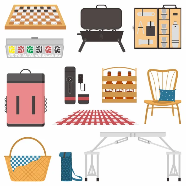 Picnic Atribuye Conjunto Objetos Vectoriales Color Plano Cesta Mesa Silla — Archivo Imágenes Vectoriales