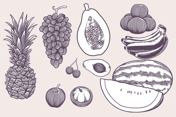 Ручні Намальовані Веганські Харчові Ікони Каракулі Такі Виноград Банан Яблуко — стоковий вектор