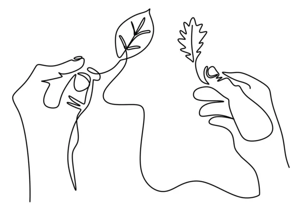 Непрерывный Однолинейный Рисунок Рук Держащих Растение Концепция Выращивания Любви Земле — стоковый вектор