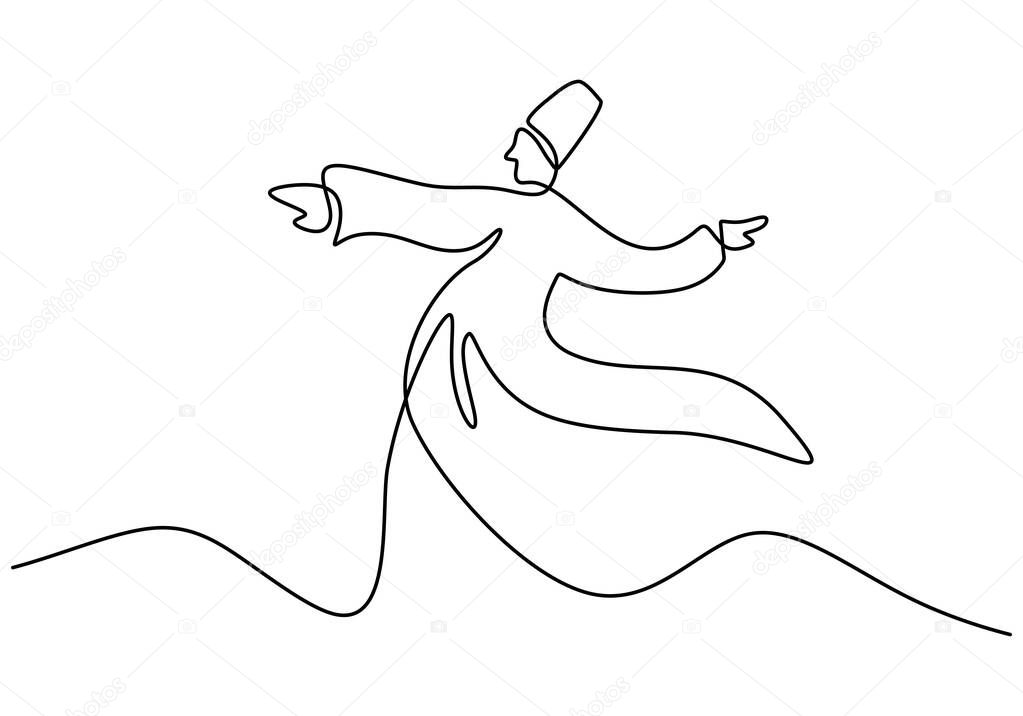 Continuous one line drawing of sufi dancer. Islamic traditional whirling dervish. Traditional Sema dancing minimalist design. One of the famous tourists attraction in Istanbul. Vector illustration