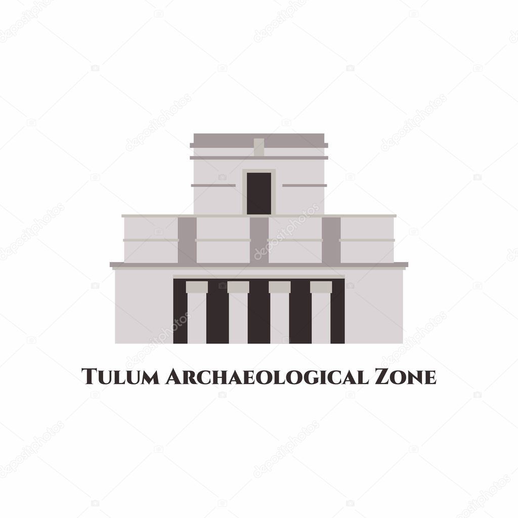 Archeological Zone of Tulum. It is a resort town on Mexico's Caribbean coast. One of tourist destination. The ruins and surrounding sea are so beautiful. This majestic Mayan city. Cartoon flat vector