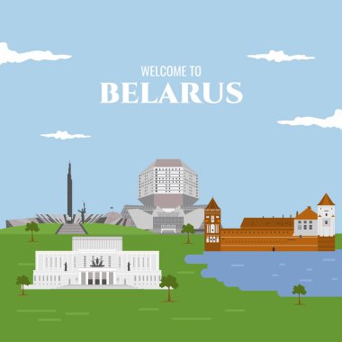 Belarus simgesi yapı taşı. Turist tatili için güzel bir yer. Düz çizgi film stili web sitesi çizimi. Dünya seyahati Avrupa gezisi koleksiyonu