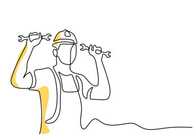 Tek sıra halinde genç bir tamircinin sabit şapka taktığı ve ingiliz anahtarı setini tuttuğu. Profesyonel iş işgal minimalist kavram. Mutlu İşçi Bayramı. Vektör illüstrasyonu