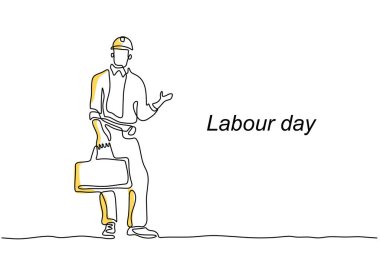 Üniforma üzerinde genç ve yakışıklı işçilerin tek sıra çizimi ve beyaz arka planda izole edilmiş kasket. İnşaat hizmeti konsepti sanat minimalist tarzında. Vektör illüstrasyonu