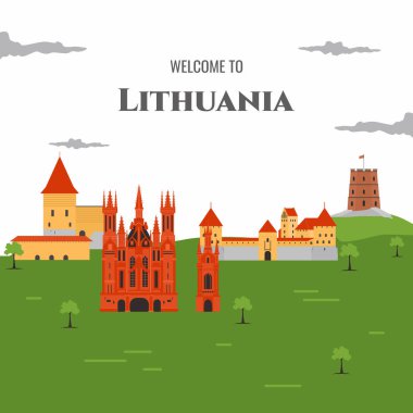 Litvanya 'nın ünlü simgeleri düz çizgi film stilinde seyahat etmek için bilgi şablonları. Vektör illüstrasyonu poster, seyahat kitabı, kartpostal, reklam panosu için kullanılabilir. Avrupa 'da dünya seyahati