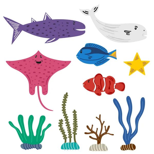 Смешные Красочные Рыбки Детского Набора Симпатичный Подводный Пиратский Дизайн Элемент — стоковый вектор