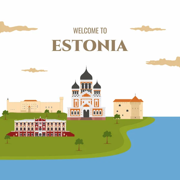 Szablon Projektu Magnesu Estonii Przełomowym Budynkiem Płaska Kreskówka Styl Historyczny — Wektor stockowy