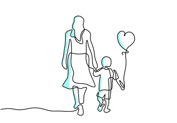 Ununterbrochene Linienzeichnung Einer Jungen Mutter Die Ihr Baby Mit Luftballons — Stockvektor