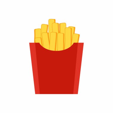 Kırmızı kağıt kutu vektör düz çizgi film ikonunda patates kızartması. Beyaz arka planda izole edilmiş sarı fast food ikonları patates paketi. Hurda, sağlıksız yemek. Yüksek kalorili besin tüketimi fast food